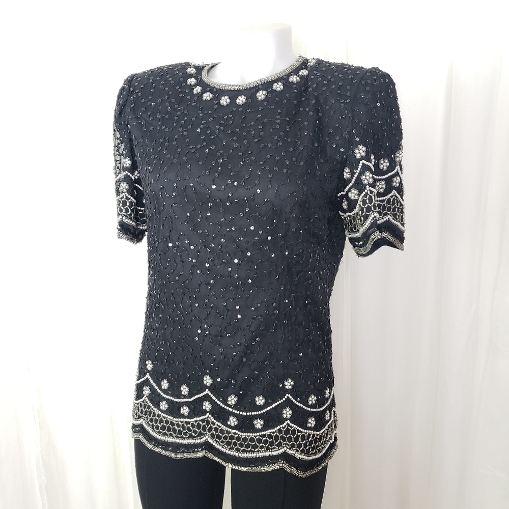Vintage Laurence Kazar silk beaded top black pearl scalloped formal small